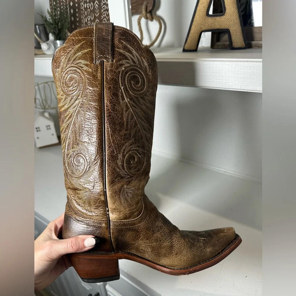 Justin Western Boots Womens 7.5B Brown Leather Cowboy Boots Embroidered Classic - Picture 6 of 8